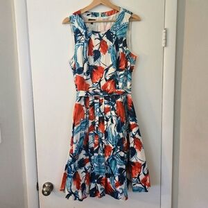 Talbots Pleated Orange And Blue Floral Dress Size 16